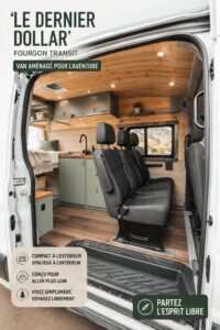 Un Ford Transit aménagé en van confortable pour les voyages.