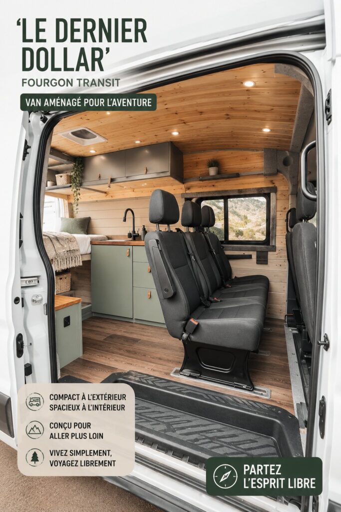 Un Ford Transit aménagé en van confortable pour les voyages.