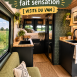 Un Mercedes Sprinter transformé en van, avec un intérieur aménagé et personnalisé, prêt pour l'aventure.