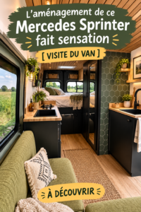 Un Mercedes Sprinter transformé en van, avec un intérieur aménagé et personnalisé, prêt pour l'aventure.