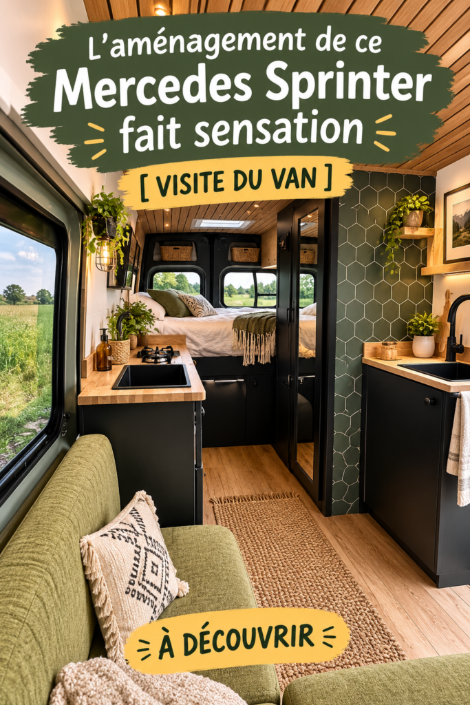 Un Mercedes Sprinter transformé en van, avec un intérieur aménagé et personnalisé, prêt pour l'aventure.