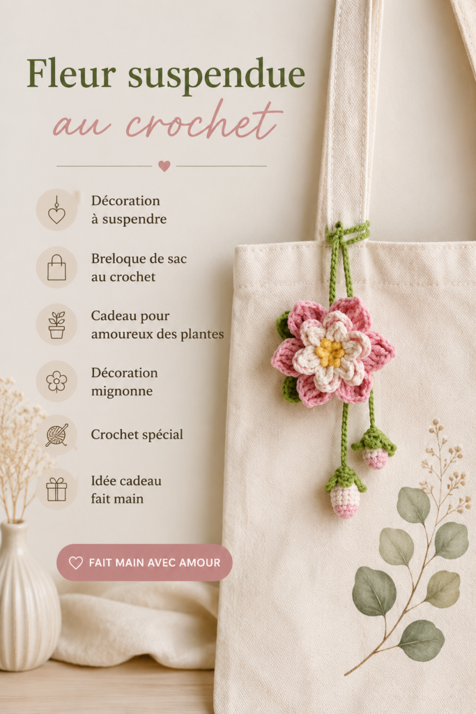 Fleurs colorées suspendues au crochet dans un décor intérieur chaleureux.