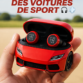 Écouteurs au design inspiré des voitures sportives sur un fond dynamique.