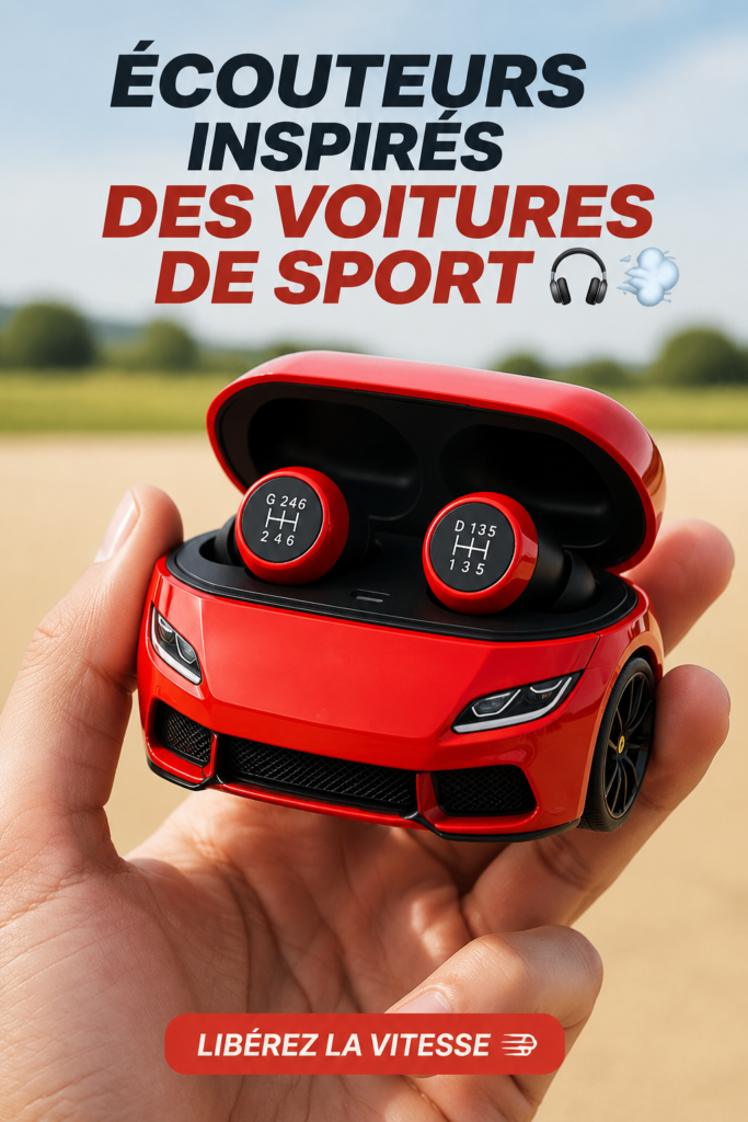 Écouteurs au design inspiré des voitures sportives sur un fond dynamique.