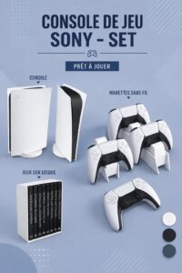 Un espace de jeu moderne avec une console et des accessoires stylés.