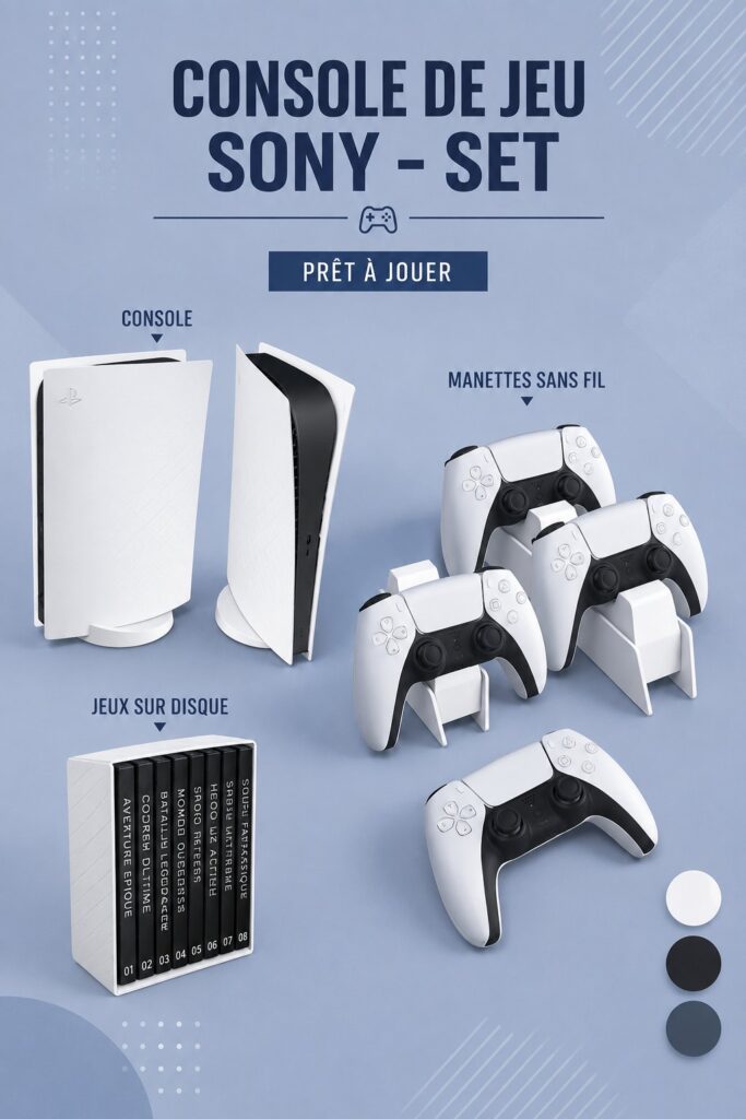 Un espace de jeu moderne avec une console et des accessoires stylés.