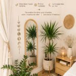 Guirlande de phases de lune suspendue dans un salon décoré de façon bohème
