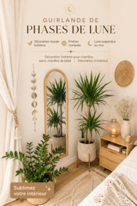 Guirlande de phases de lune suspendue dans un salon décoré de façon bohème