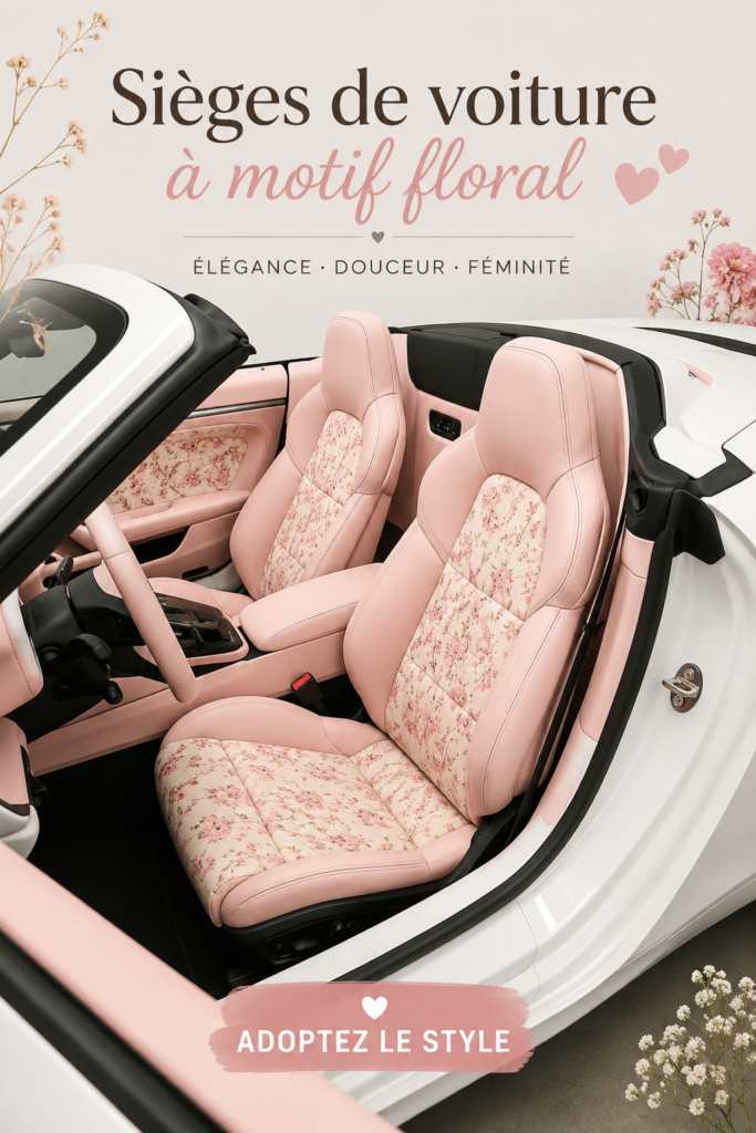 Housse de siège florale dans un véhicule moderne, ajoutant une touche de style.