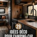 Intérieur de camping-car élégant et masculin avec des tons sombres et des accessoires modernes.
