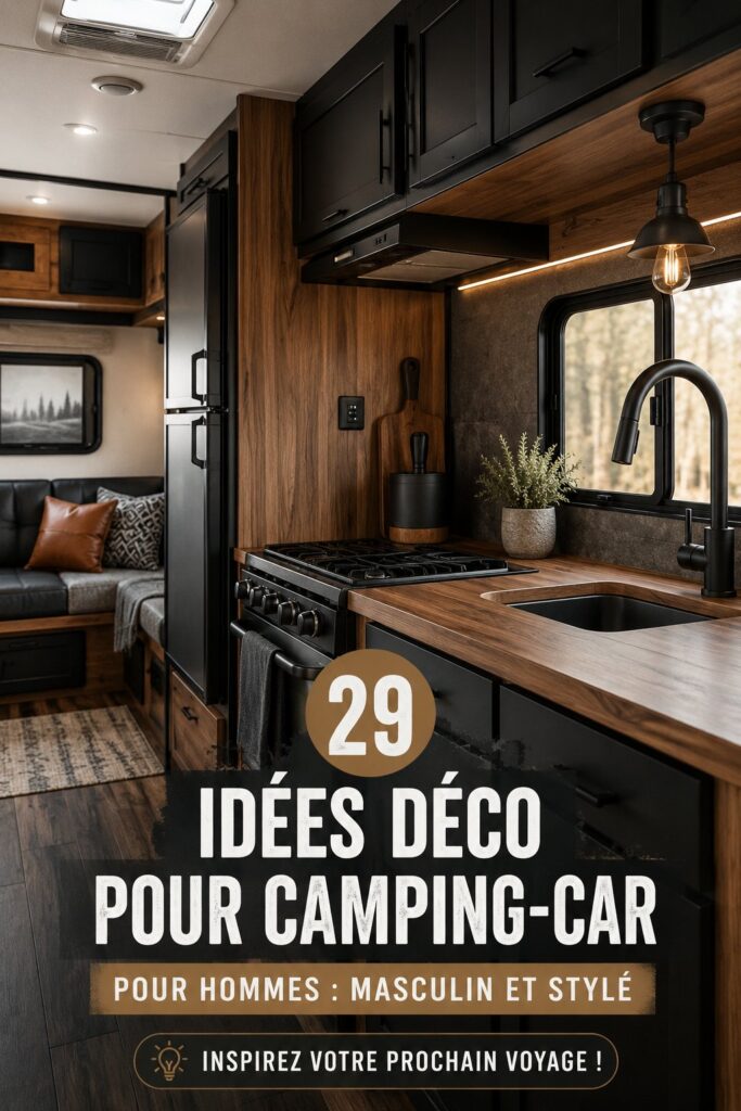 Intérieur de camping-car élégant et masculin avec des tons sombres et des accessoires modernes.