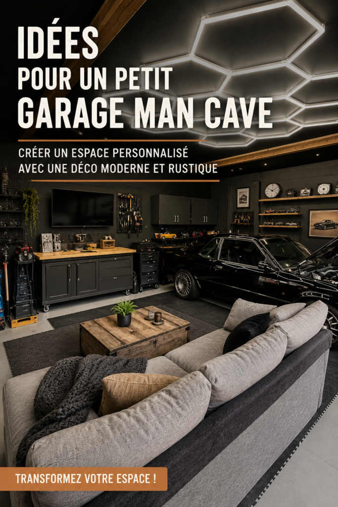 Un garage décoré avec des éléments modernes et rustiques, chaleureux et accueillant.