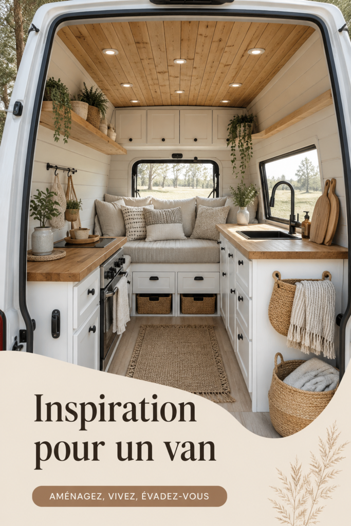 Intérieur d'un van aménagé avec une décoration chaleureuse et pratique.