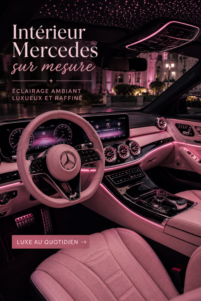 Intérieur d'une Mercedes rose avec des accessoires personnalisés et un éclairage d'ambiance