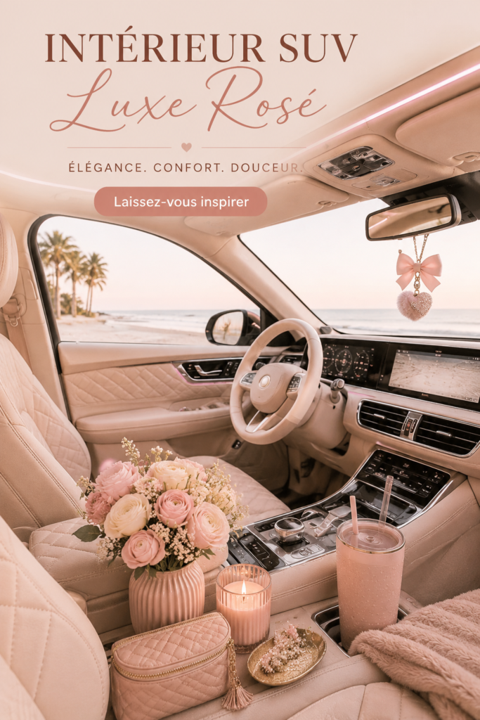 Intérieur de SUV décoré avec des accessoires blush