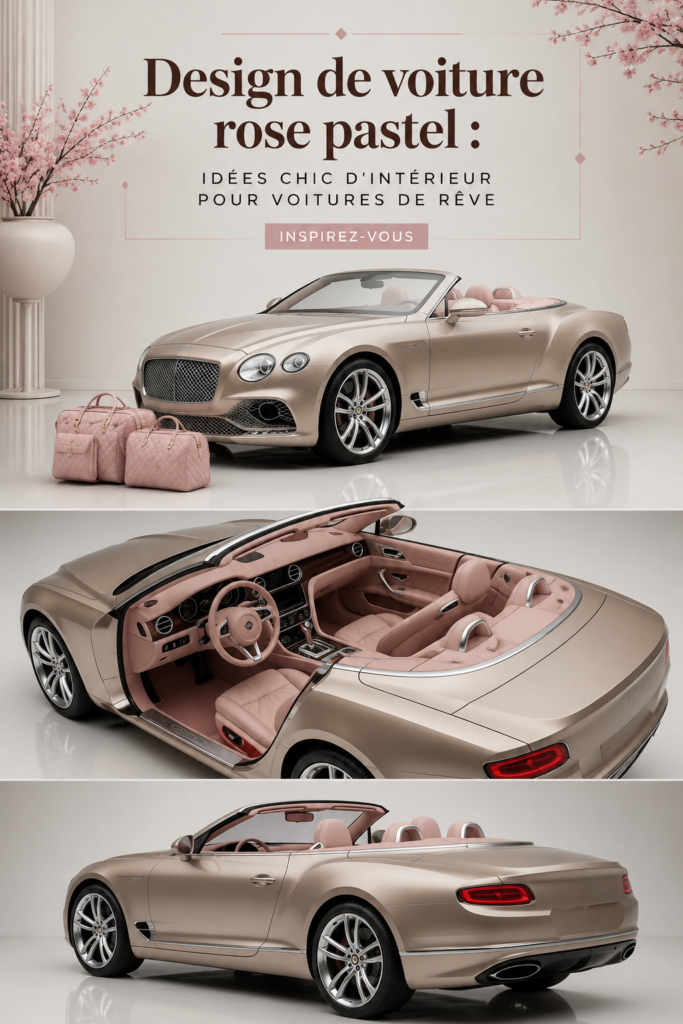 Intérieur de voiture avec des accessoires rose pastel chic et élégant.