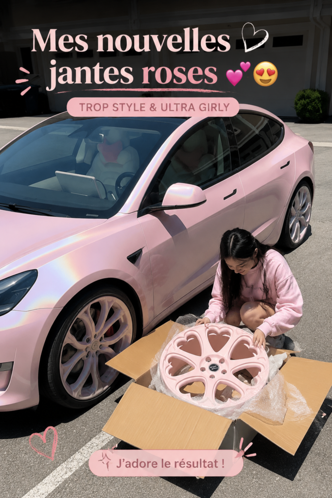 Image d'une voiture avec des jantes roses brillantes, montrant l'originalité et le style.