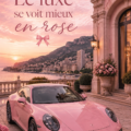 Une voiture élégante avec des accessoires roses modernes.