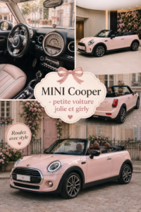 Une MINI Cooper décorée avec des accessoires girly, parfaite pour une femme moderne.