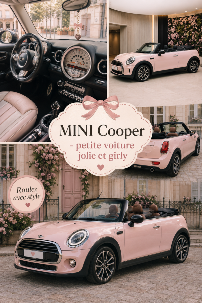 Une MINI Cooper décorée avec des accessoires girly, parfaite pour une femme moderne.
