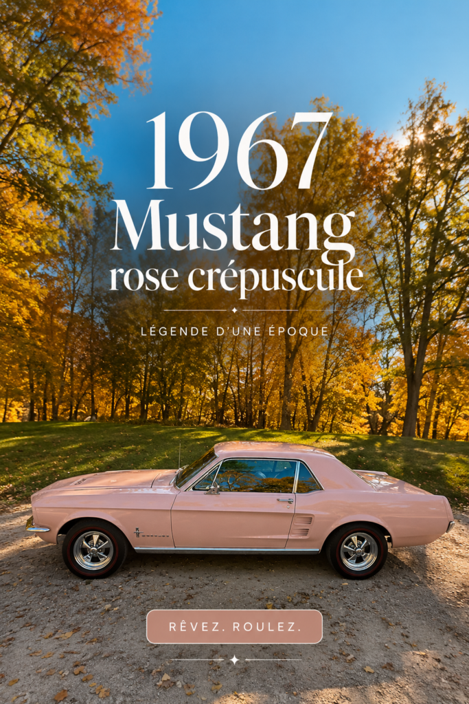 Vue d'une Mustang Dusk Rose de 1967, mettant en valeur son design classique et élégant.