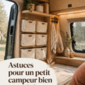 Intérieur organisé d'un petit van avec des accessoires de rangement pratiques