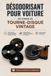Parfum pour voiture au design vintage en forme de tourne-disque sur un tableau de bord.