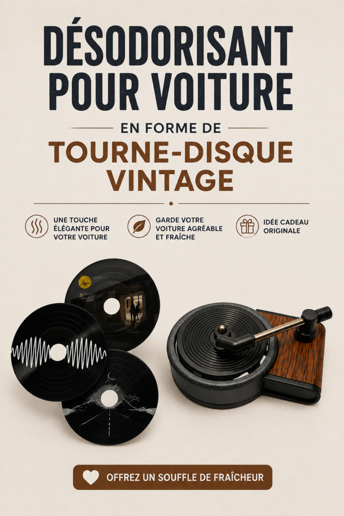 Parfum pour voiture au design vintage en forme de tourne-disque sur un tableau de bord.