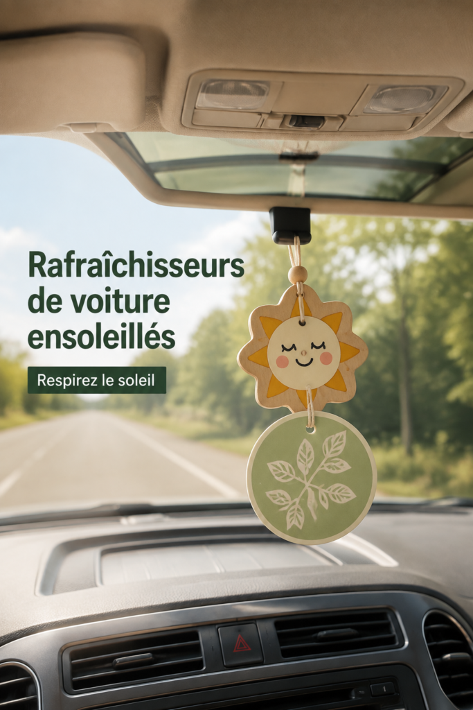 Des refreshers parfumés pour voiture sur une surface en bois, créant une ambiance chaleureuse