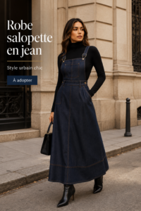 Robe salopette en jean portée par une femme avec un look décontracté chic.