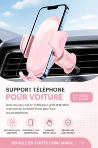 Support téléphonique élégant fixé dans une voiture, adapté à différents modèles de smartphones.