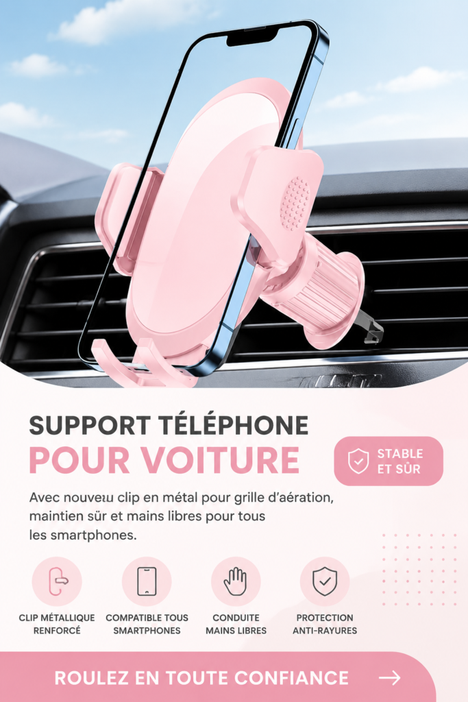 Support téléphonique élégant fixé dans une voiture, adapté à différents modèles de smartphones.
