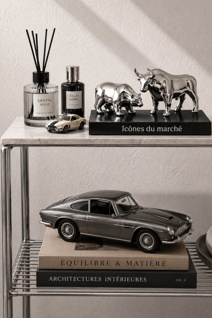 Un support d'affichage moderne installé dans une voiture élégante, mettant en valeur des accessoires automobiles.