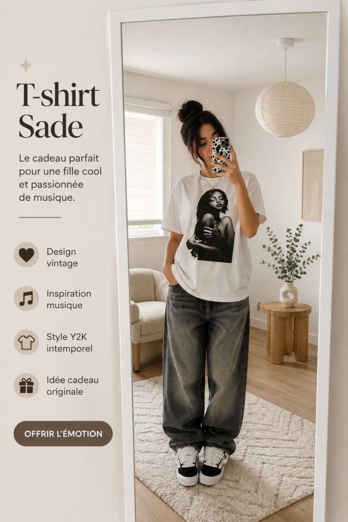 T-shirt Sade vintage affichant un design musical unique, idéal pour un cadeau.