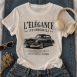 T-shirt décontracté à col rond avec un imprimé voiture vintage, parfait pour l'été.