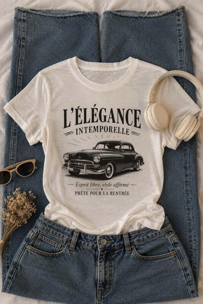 T-shirt décontracté à col rond avec un imprimé voiture vintage, parfait pour l'été.