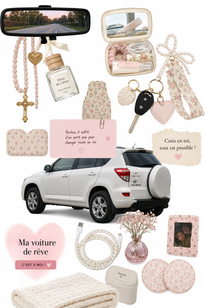Femme heureuse devant sa voiture personnalisée, illustrant le rêve automobile, accessoires et personnalisation.