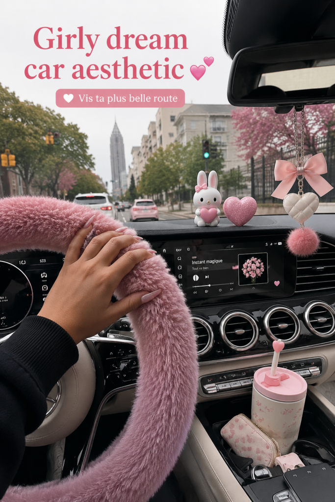 Voiture personnalisée avec des accessoires girly et colorés.