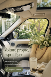 Une voiture propre et bien rangée avec des accessoires de nettoyage