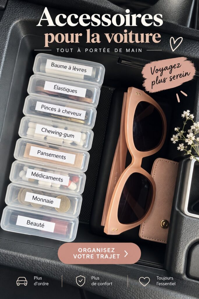 Accessoires auto personnalisés mettant en valeur un intérieur de voiture chic et fonctionnel.