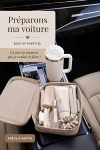 Accessoires de voiture préparés pour un road trip, montrant des éléments pratiques et stylés.