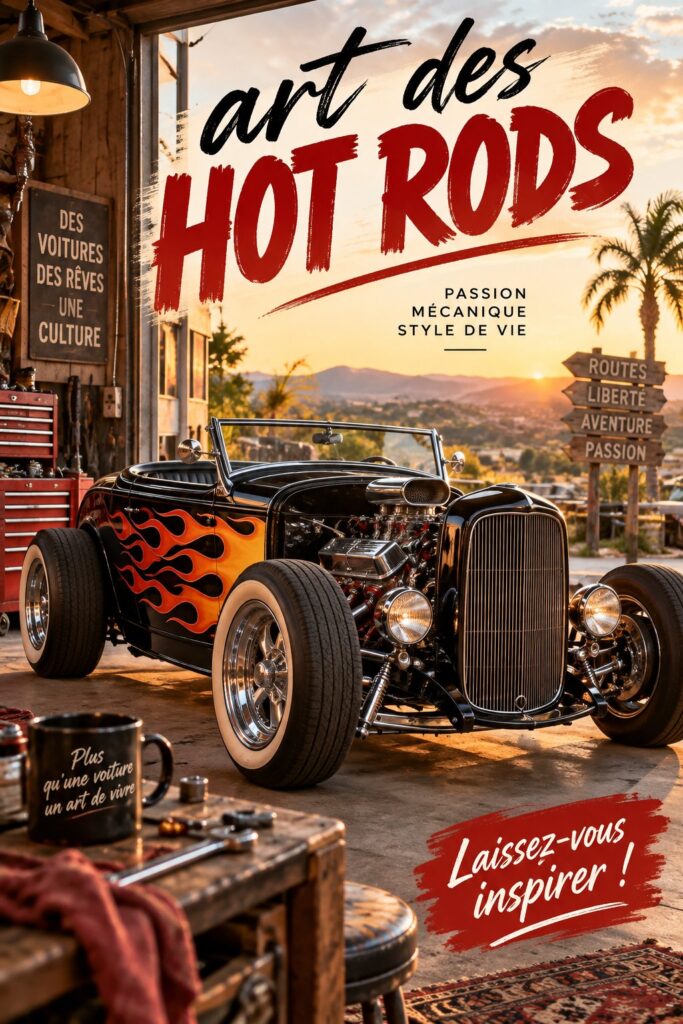 Image de hot rods personnalisés avec des designs uniques et colorés.