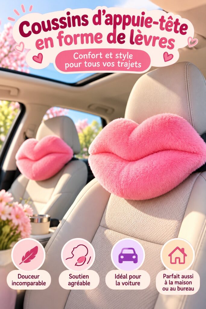 Oreiller en forme de lèvres rose pour voiture, ajoutant une touche kawaii et un confort optimal.