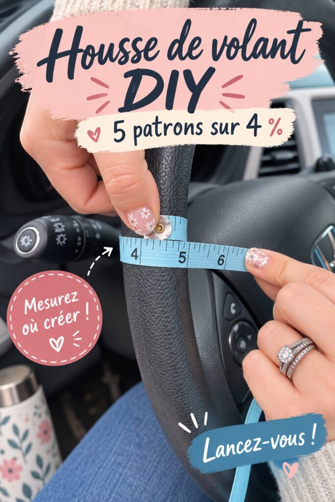 Femme créant un couvre-volant personnalisé pour voiture en tissu coloré.