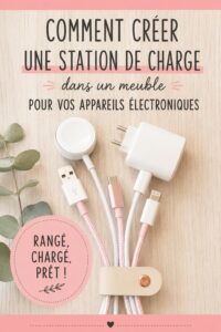 Station de chargement moderne intégrée dans un meuble, offrant une vue ordonnée des appareils électroniques.