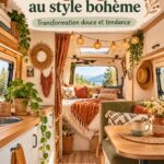Camping-car décoré dans un style boho avec des motifs colorés et des plantes