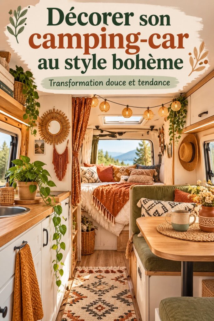 Camping-car décoré dans un style boho avec des motifs colorés et des plantes