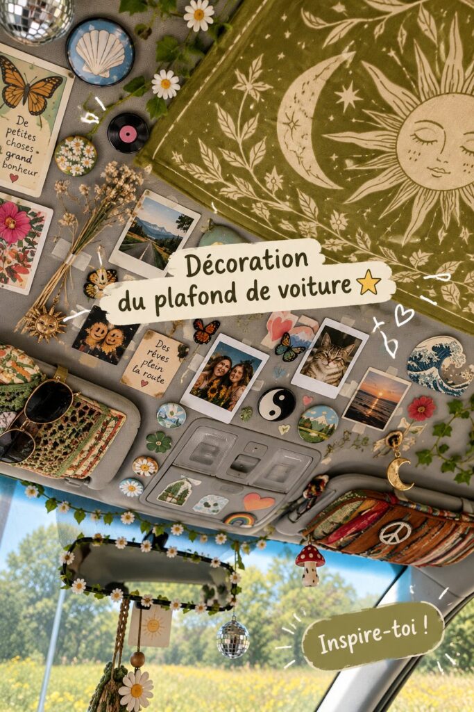 Plafond de voiture décoré avec des tissus colorés et des motifs élégants.