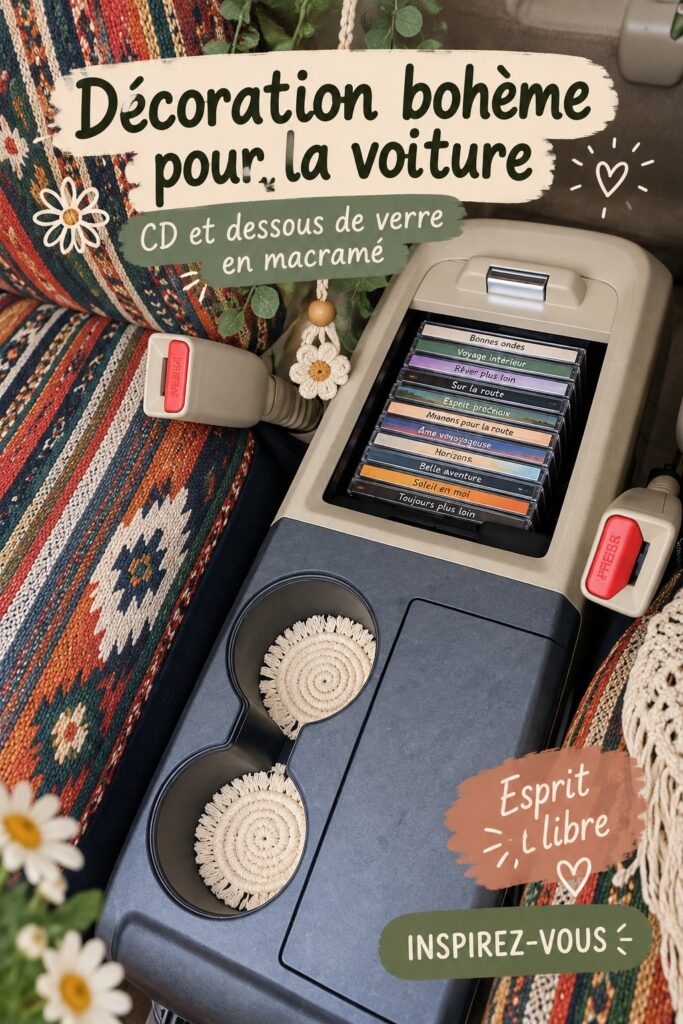 Coasters en macramé colorés sur le tableau de bord d'une voiture
