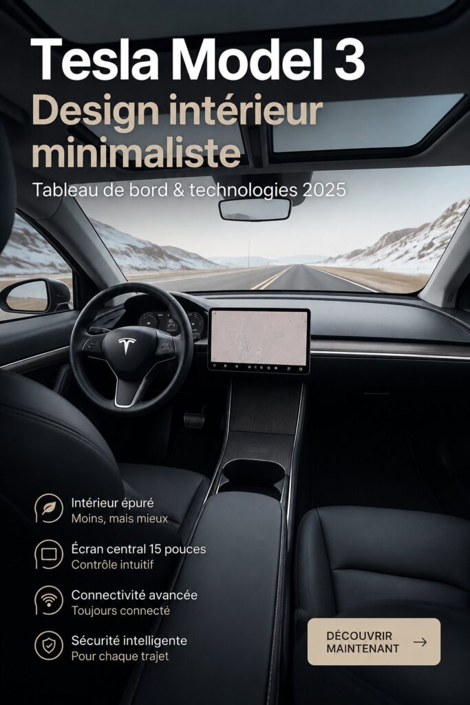 Intérieur épuré de la Tesla Model 3 avec tableau de bord moderne